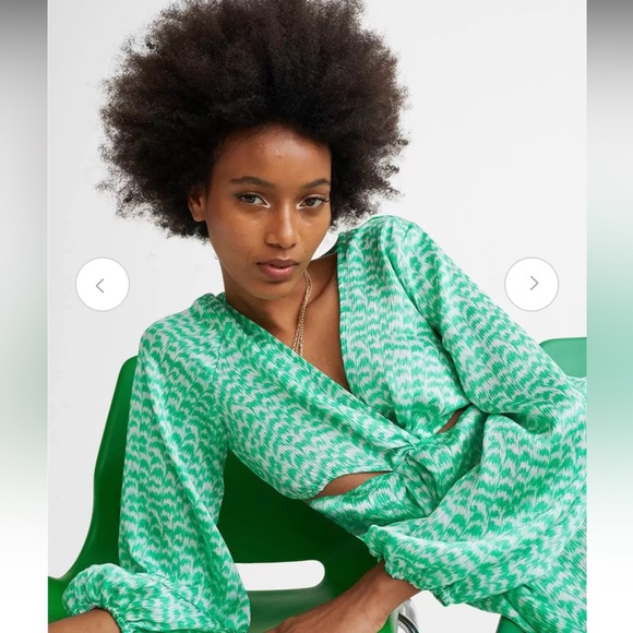 H&M Ballooned-Sleeve Green Print Cut-Out Crepe Dress - Picture 3 of 15